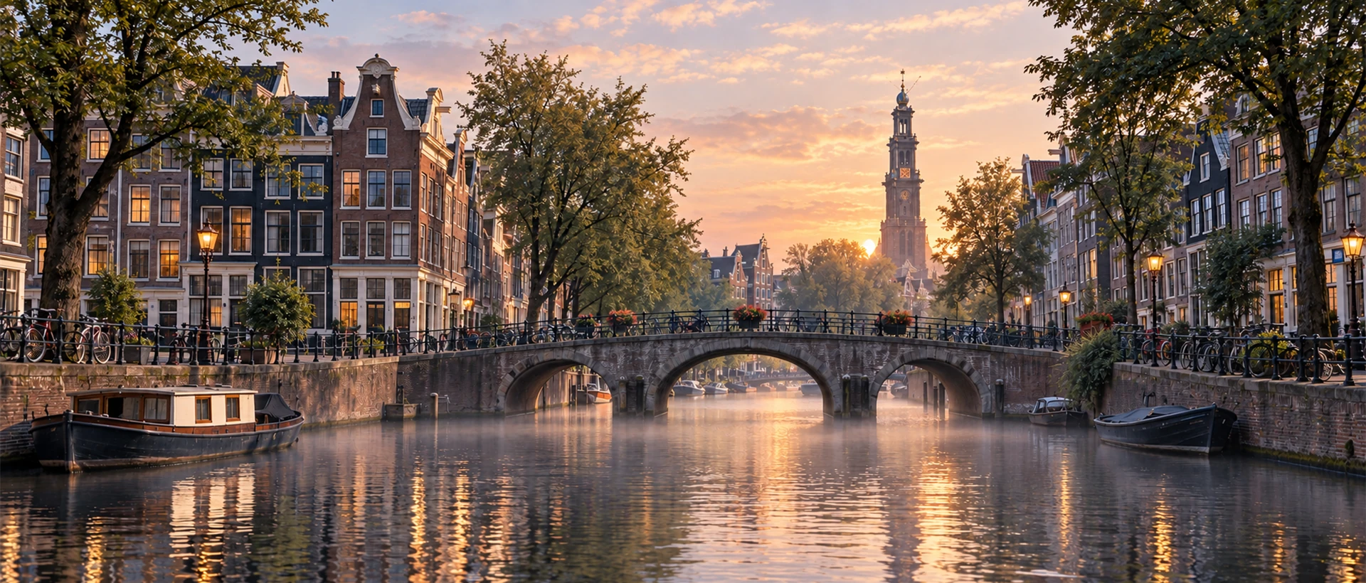 Illustrative Amsterdam city scene; not a live transport or weather photograph