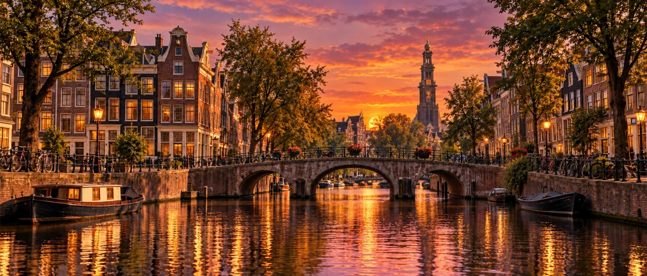 Generated illustrative Amsterdam canal scene at sunset; not a current documentary photograph.