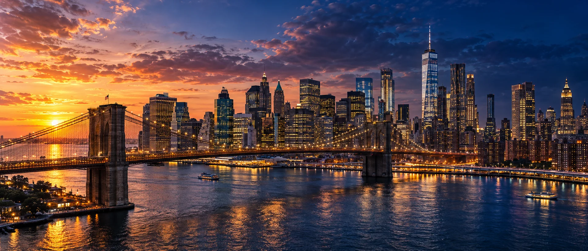 New York Waterfront and Brooklyn Bridge at sunset